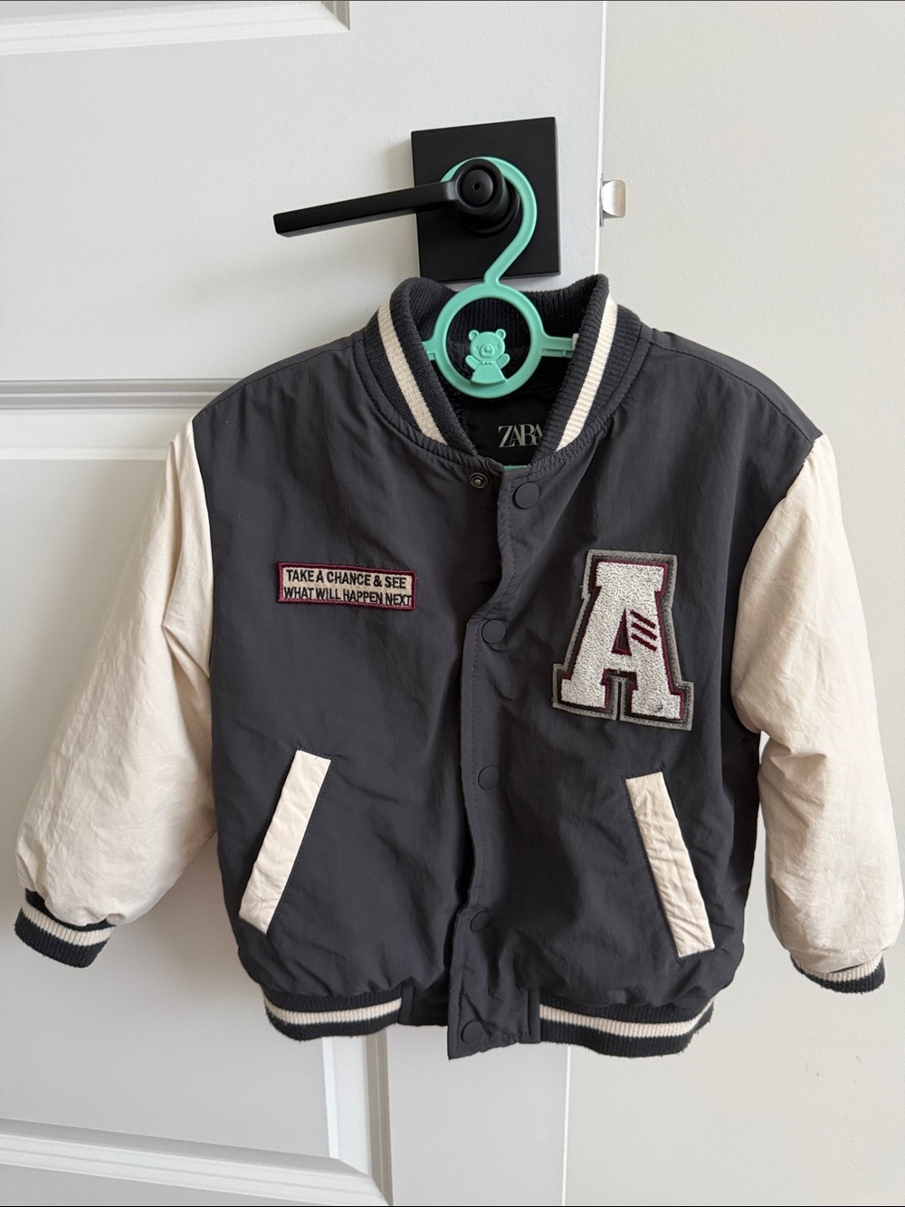ZARA Black and Cream Kids Varsity Jacket with Letter Patch